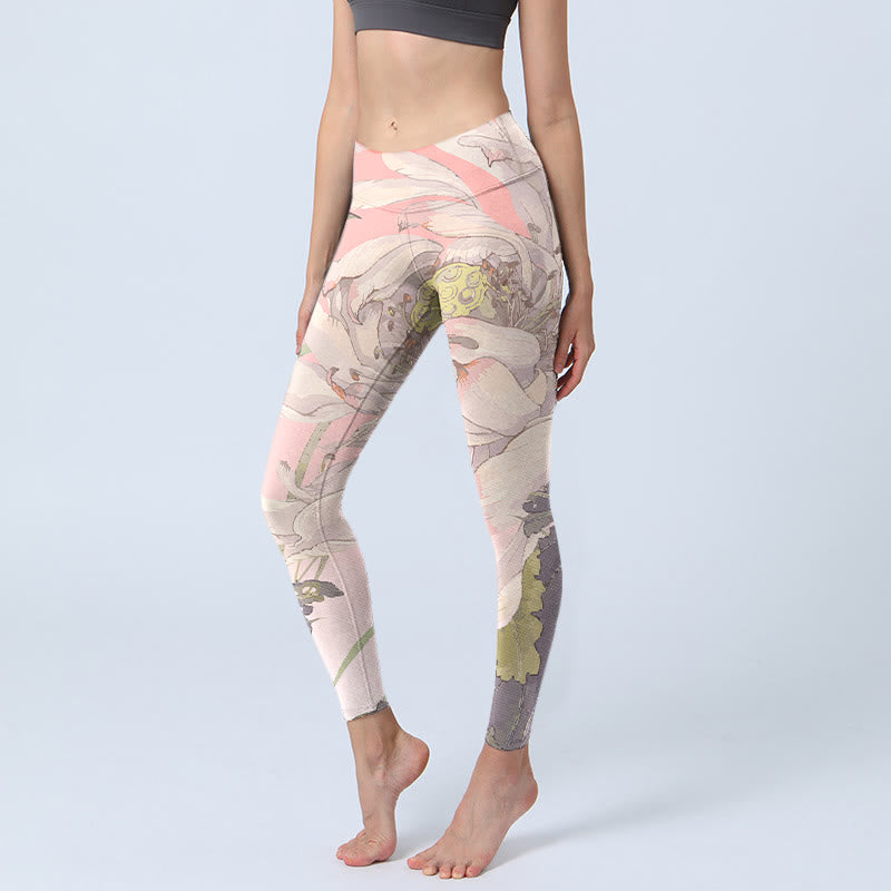 Pantalon de yoga pour femme avec legging de sport imprimé lotus blanc fané Buddha Stones - Rose - US18，UK/AU22，EU50 (4XL) - image 0