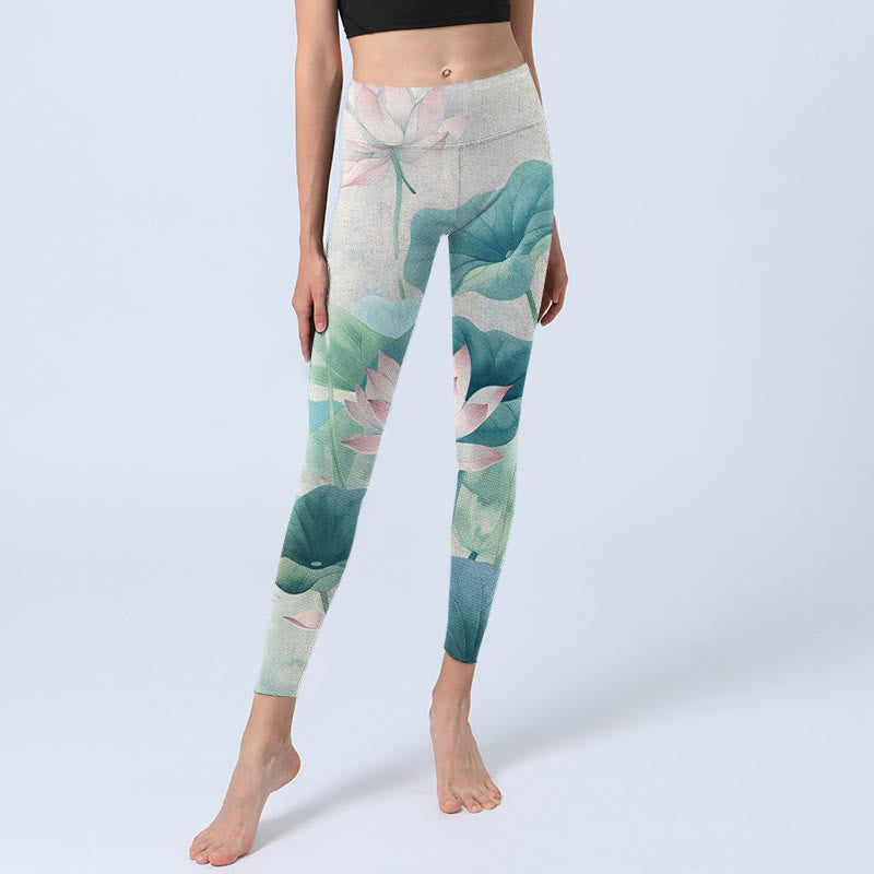 Leggings de sport à imprimé feuilles de lotus blanches et roses avec Buddha Stones Pantalon de yoga pour femme - image 6