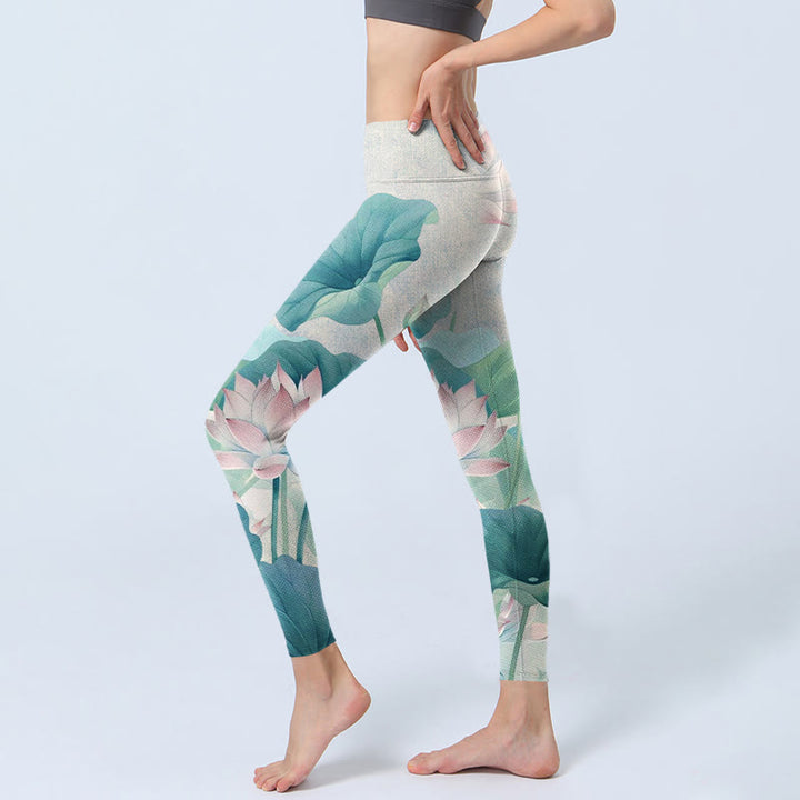 Leggings de sport à imprimé feuilles de lotus blanches et roses avec Buddha Stones Pantalon de yoga pour femme - image 3