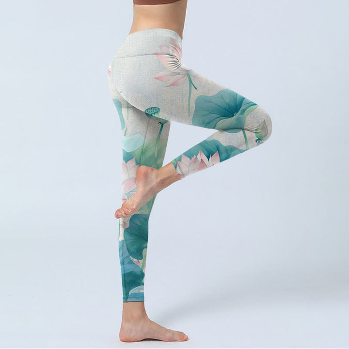 Leggings de sport à imprimé feuilles de lotus blanches et roses avec Buddha Stones Pantalon de yoga pour femme - image 5