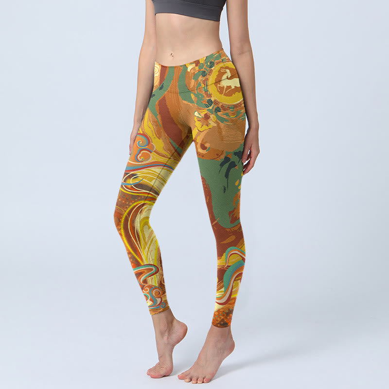 Leggings de sport à imprimé vagues de nuages ​​dorés de Buddha Stones Pantalon de yoga pour femme - Or - US18，UK/AU22，EU50 (4XL) - image 0