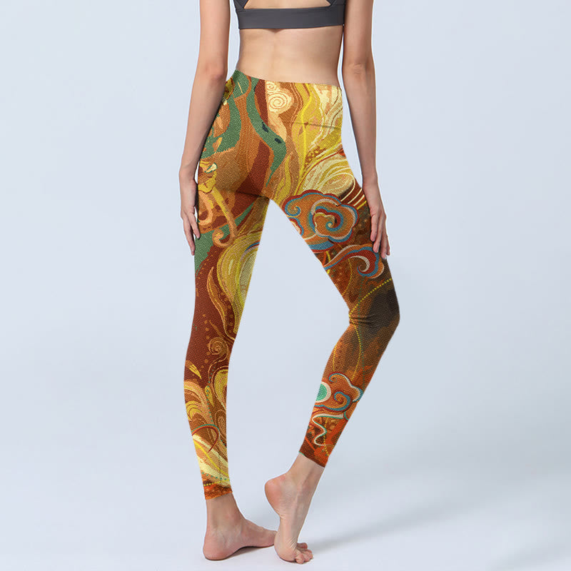 Leggings de sport à imprimé vagues de nuages ​​dorés de Buddha Stones Pantalon de yoga pour femme - image 4