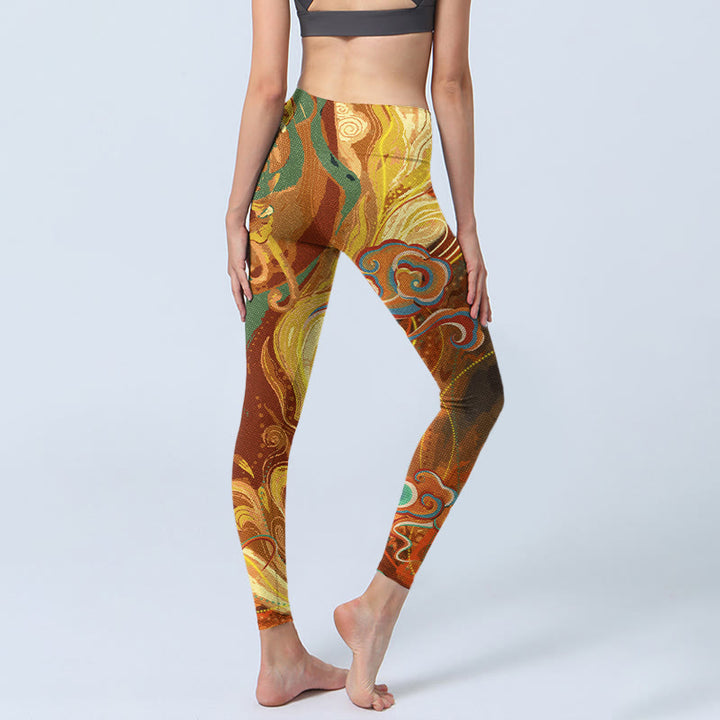Leggings de sport à imprimé vagues de nuages ​​dorés de Buddha Stones Pantalon de yoga pour femme - image 4
