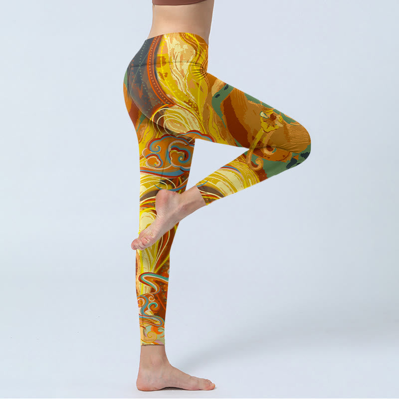 Leggings de sport à imprimé vagues de nuages ​​dorés de Buddha Stones Pantalon de yoga pour femme - image 4