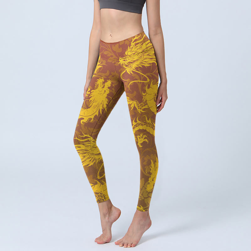 Buddha Stones Pantalon de yoga pour femme avec legging de sport imprimé fleurs de dragon doré - Or - US18，UK/AU22，EU50 (4XL) - image 1