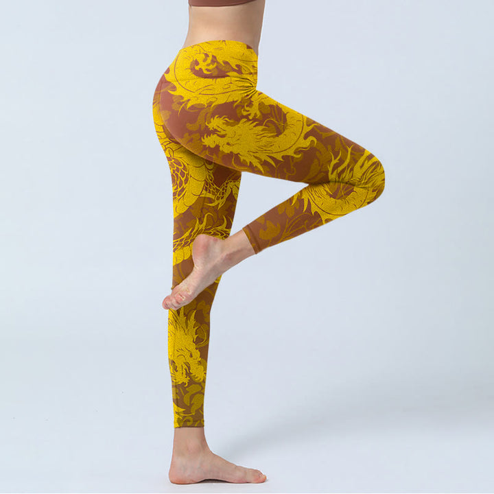 Buddha Stones Pantalon de yoga pour femme avec legging de sport imprimé fleurs de dragon doré - image 4