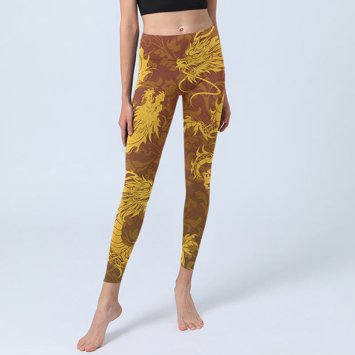 Buddha Stones Pantalon de yoga pour femme avec legging de sport imprimé fleurs de dragon doré - image 5