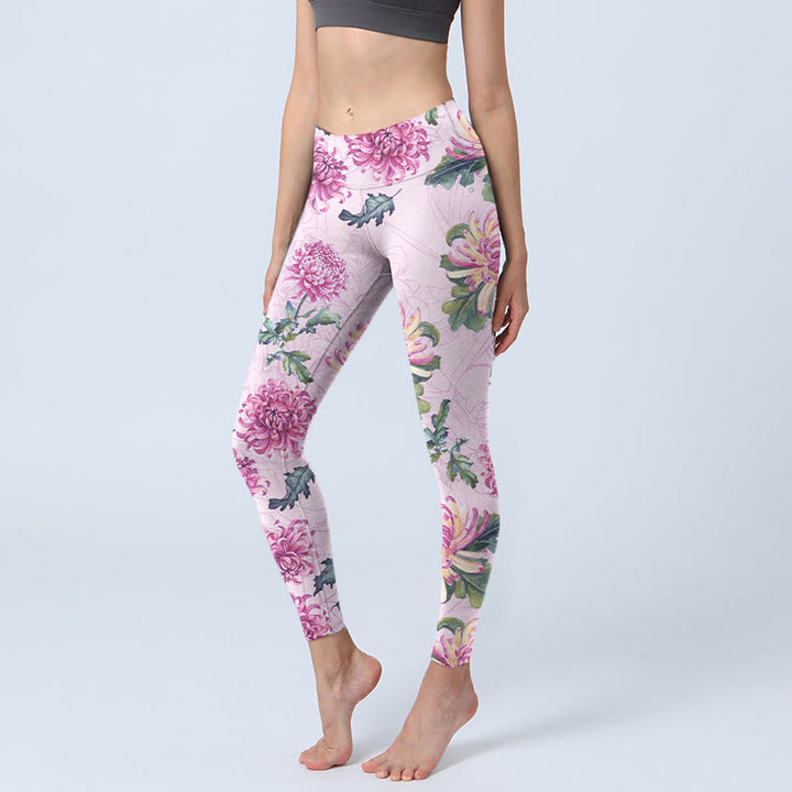 Pantalon de yoga pour femme avec leggings de gym et chrysanthème rose Buddha Stones - Prune - US18，UK/AU22，EU50 (4XL) - image 1