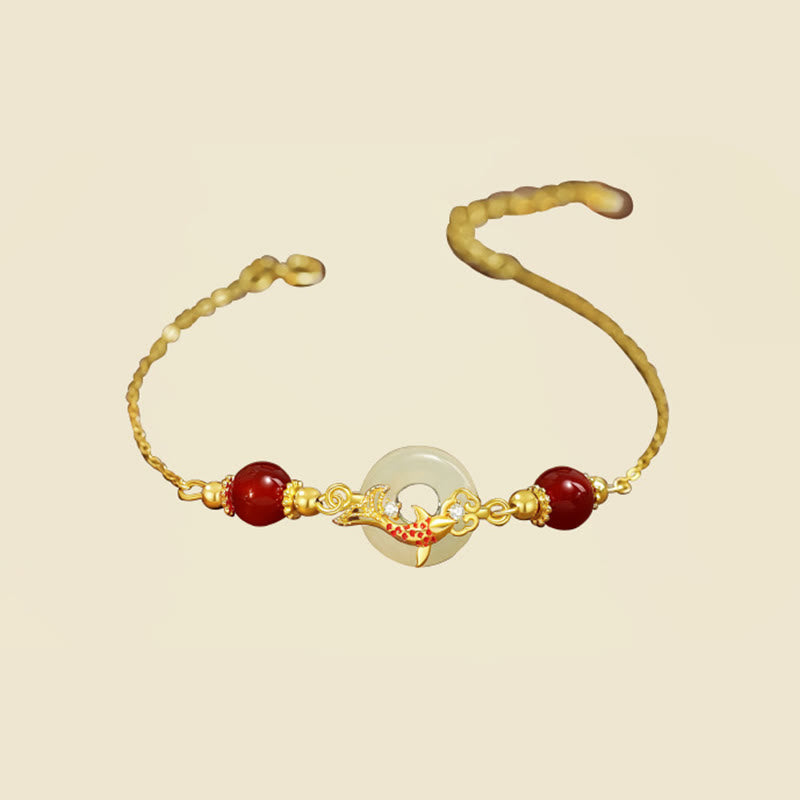Bracelet porte-bonheur en jade Hetian naturel en Buddha Stones , argent sterling 925 plaqué or, perles d'agate rouge, poisson Koi, boucle de paix
