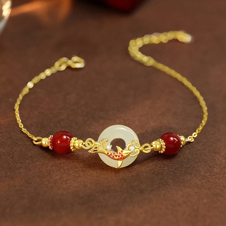 Bracelet porte-bonheur en jade Hetian naturel en Buddha Stones , argent sterling 925 plaqué or, perles d'agate rouge, poisson Koi, boucle de paix