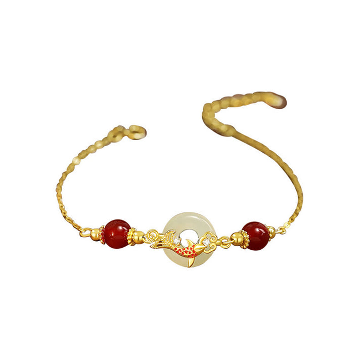 Bracelet porte-bonheur en jade Hetian naturel en Buddha Stones , argent sterling 925 plaqué or, perles d'agate rouge, poisson Koi, boucle de paix