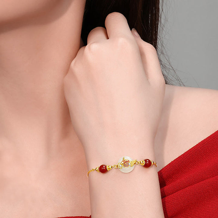 Bracelet porte-bonheur en jade Hetian naturel en Buddha Stones , argent sterling 925 plaqué or, perles d'agate rouge, poisson Koi, boucle de paix