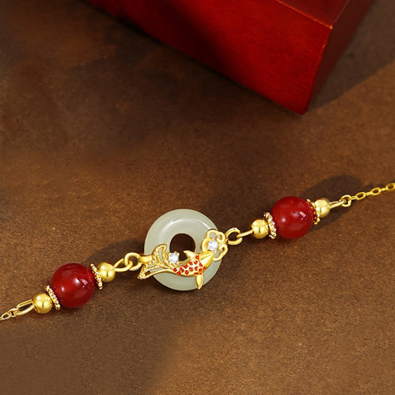 Bracelet porte-bonheur en jade Hetian naturel en Buddha Stones , argent sterling 925 plaqué or, perles d'agate rouge, poisson Koi, boucle de paix