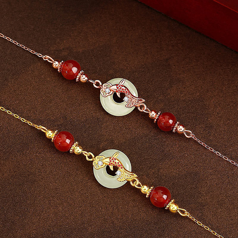 Bracelet porte-bonheur en jade Hetian naturel en Buddha Stones , argent sterling 925 plaqué or, perles d'agate rouge, poisson Koi, boucle de paix