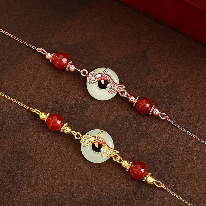 Bracelet porte-bonheur en jade Hetian naturel en Buddha Stones , argent sterling 925 plaqué or, perles d'agate rouge, poisson Koi, boucle de paix