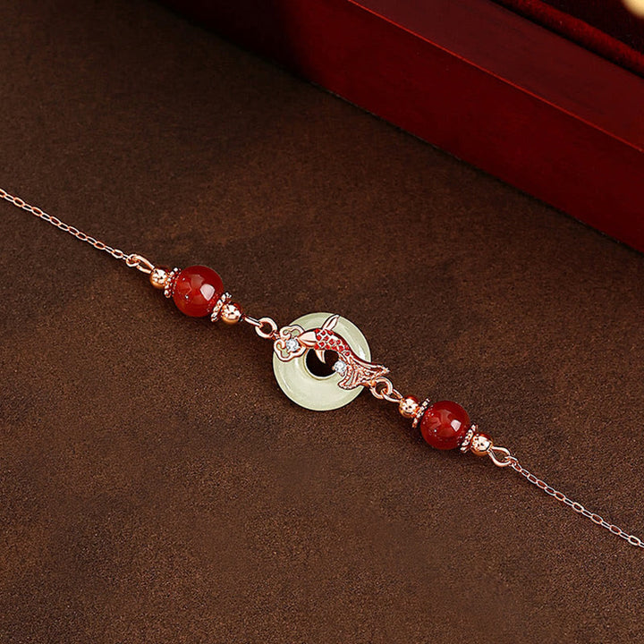 Bracelet porte-bonheur en jade Hetian naturel en Buddha Stones , argent sterling 925 plaqué or, perles d'agate rouge, poisson Koi, boucle de paix
