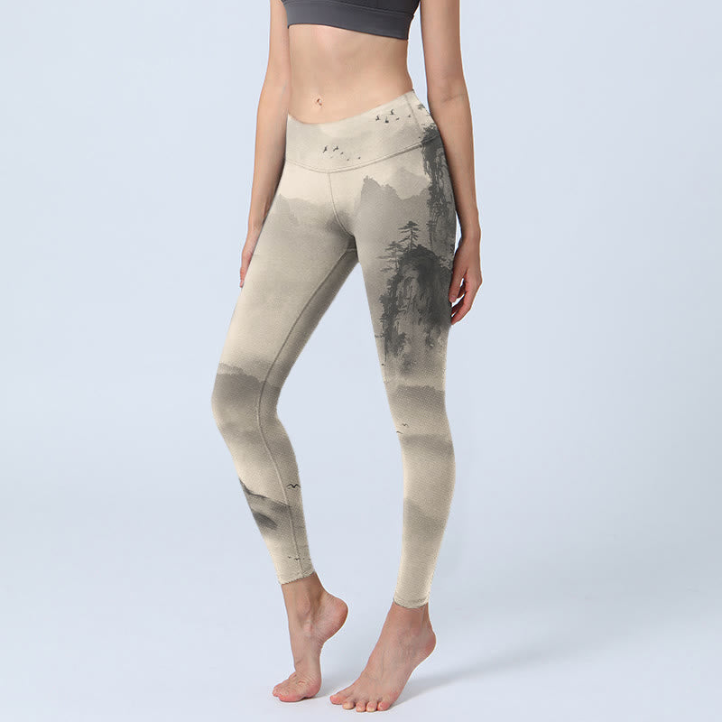 Buddha Stones Montagnes Enveloppées Dans La Brume Wild Goose Gym Leggings Pantalons De Yoga Pour Femmes - Jaune d'or pâle - US18，UK/AU22，EU50 (4XL) - image 0