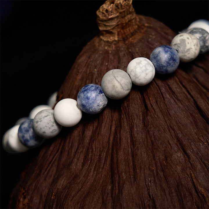Bracelet de relaxation en jaspe Picasso, turquoise blanche et jaspe à pois bleus Buddha Stones