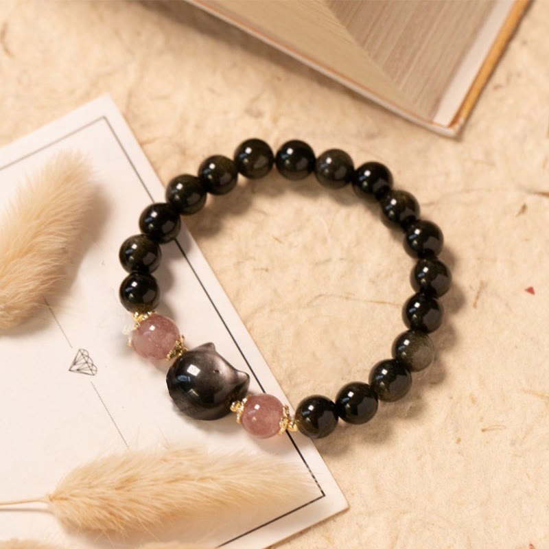 Bracelet de force en obsidienne Buddha Stones et quartz fraise avec perles en obsidienne argentée et tête de chat - Obsidienne noire (tour de poignet : 15-17 cm) - image 1