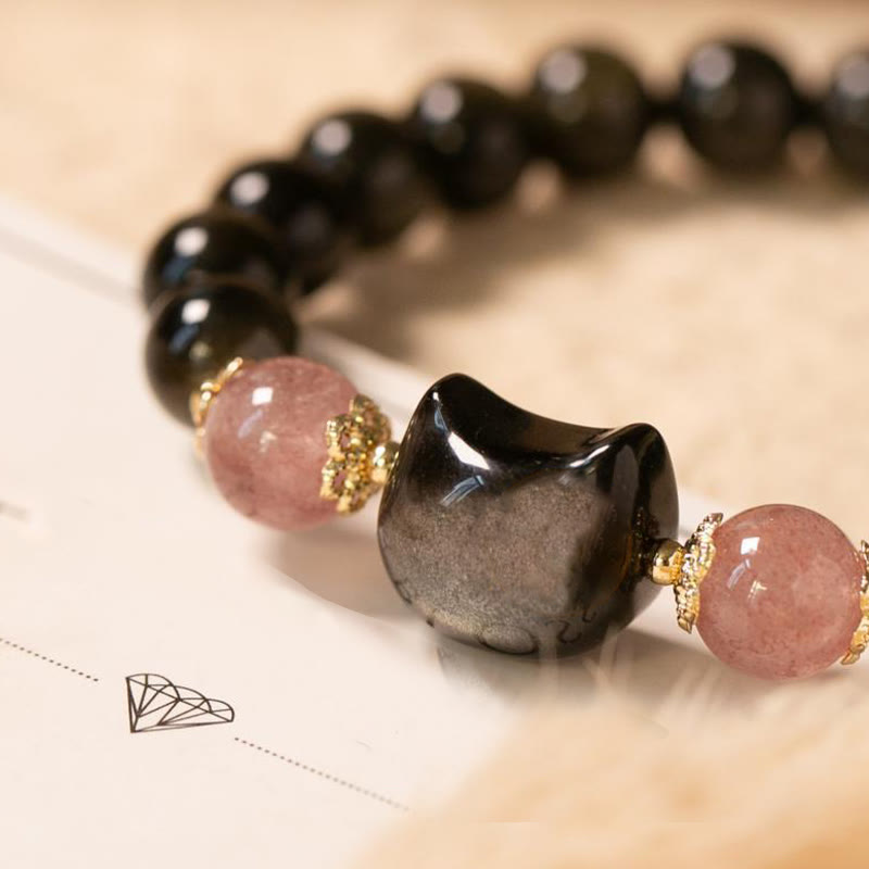 Bracelet de force en obsidienne Buddha Stones et quartz fraise avec perles en obsidienne argentée et tête de chat - image 3