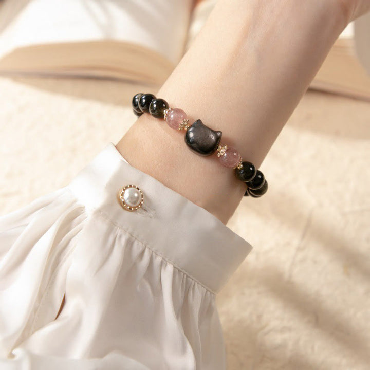 Bracelet de force en obsidienne Buddha Stones et quartz fraise avec perles en obsidienne argentée et tête de chat - image 4