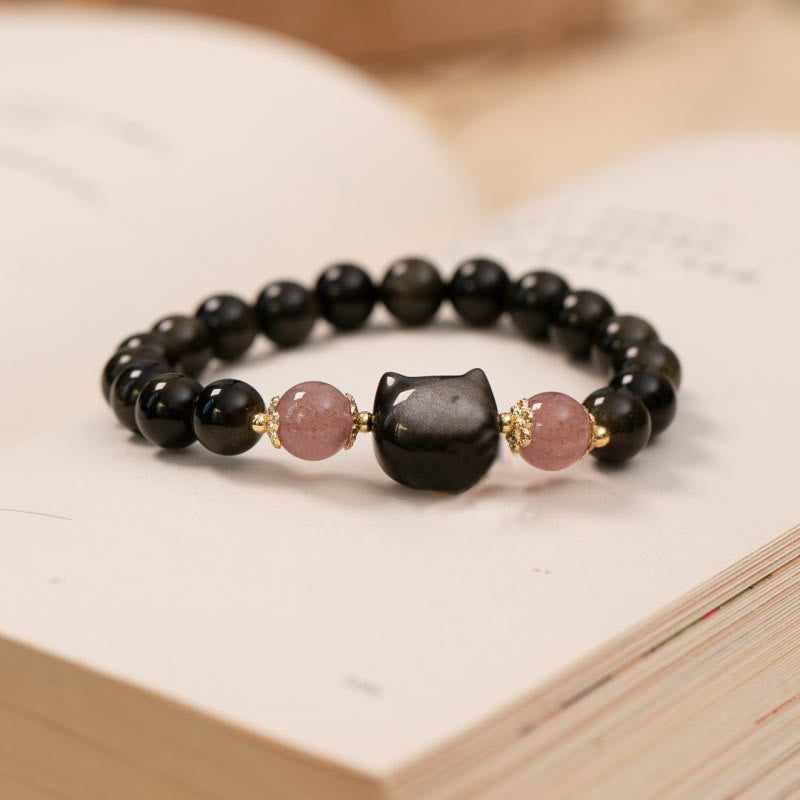 Bracelet de force en obsidienne Buddha Stones et quartz fraise avec perles en obsidienne argentée et tête de chat - image 2