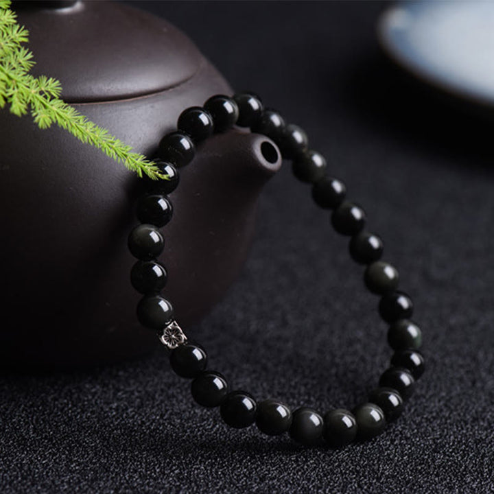 Bracelet de purification en argent sterling 925 avec perles d'obsidienne noire et pierres de Buddha Stones
