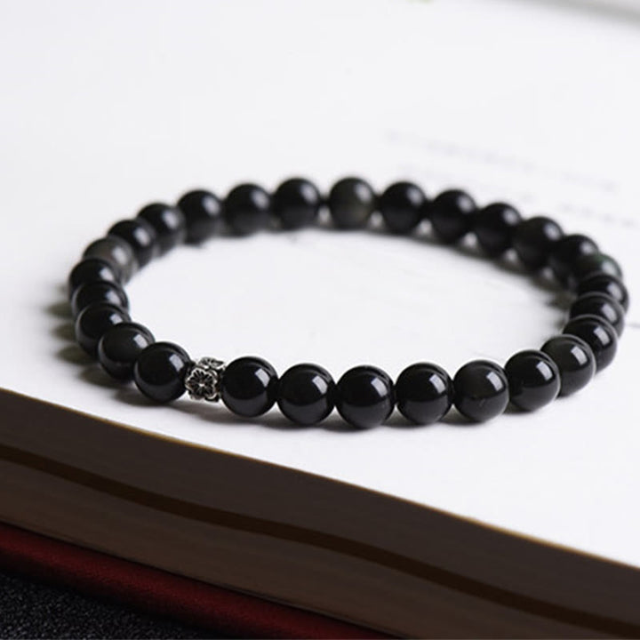 Bracelet de purification en argent sterling 925 avec perles d'obsidienne noire et pierres de Buddha Stones