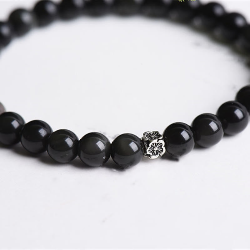 Bracelet de purification en argent sterling 925 avec perles d'obsidienne noire et pierres de Buddha Stones