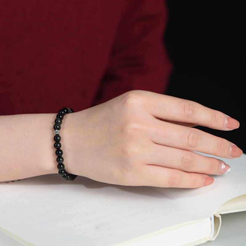 Bracelet de purification en argent sterling 925 avec perles d'obsidienne noire et pierres de Buddha Stones