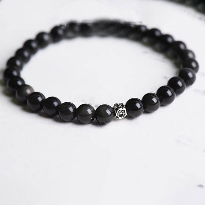 Bracelet de purification en argent sterling 925 avec perles d'obsidienne noire et pierres de Buddha Stones