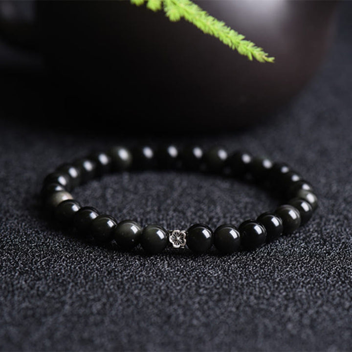 Bracelet de purification en argent sterling 925 avec perles d'obsidienne noire et pierres de Buddha Stones