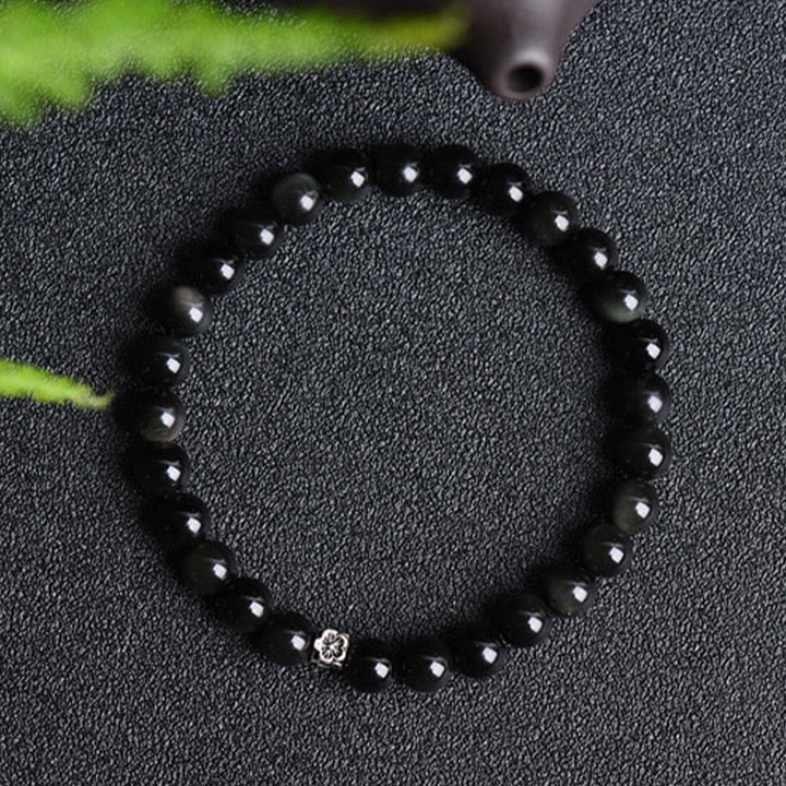 Bracelet de purification en argent sterling 925 avec perles d'obsidienne noire et pierres de Buddha Stones