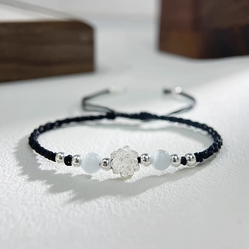 Bracelet de protection en argent sterling 999 avec perles œil de chat et lotus Buddha Stones - Lotus Noir (Tour de poignet 15-18 cm) - image 0