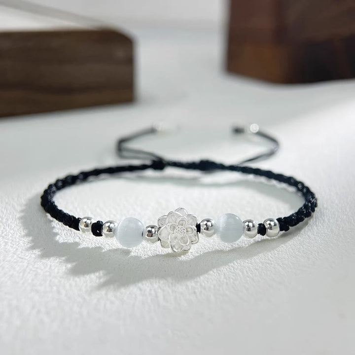 Bracelet de protection en argent sterling 999 avec perles œil de chat et lotus Buddha Stones - Lotus Noir (Tour de poignet 15-18 cm) - image 0