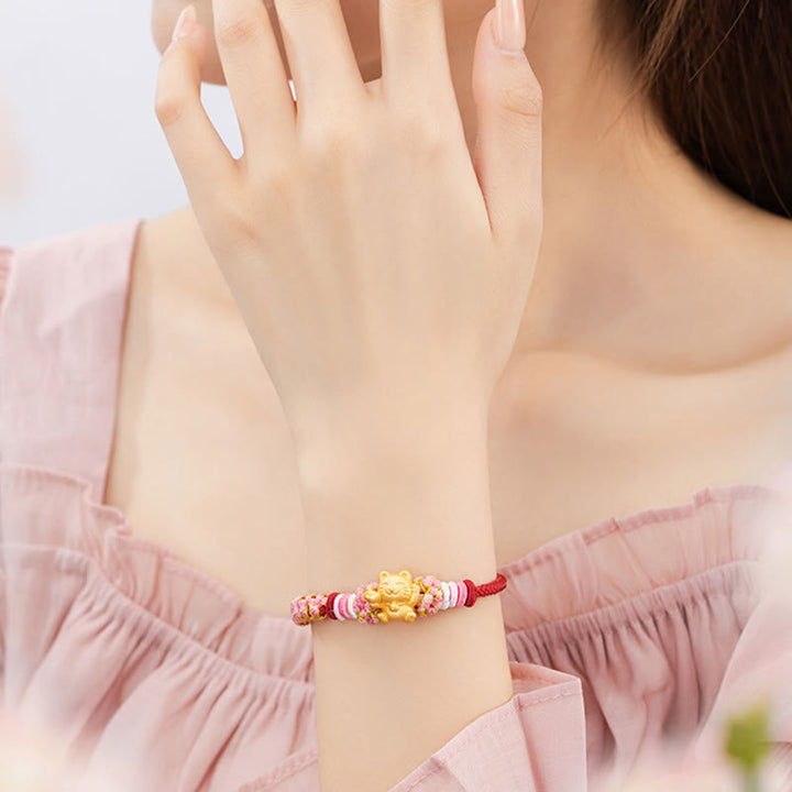 Bracelet en corde rouge porte-bonheur en argent sterling 999 fait à la main avec Buddha Stones et chat porte-bonheur en forme de lingot de fleur de pêcher - image 9