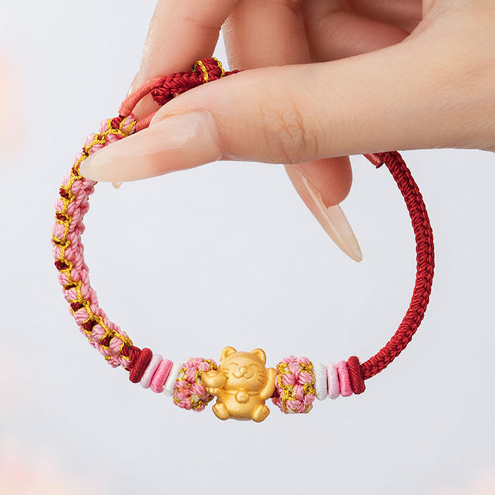 Bracelet en corde rouge porte-bonheur en argent sterling 999 fait à la main avec Buddha Stones et chat porte-bonheur en forme de lingot de fleur de pêcher - image 11