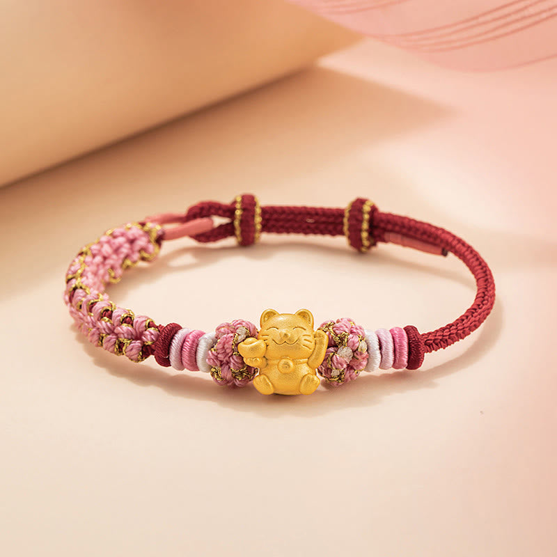Bracelet en corde rouge porte-bonheur en argent sterling 999 fait à la main avec Buddha Stones et chat porte-bonheur en forme de lingot de fleur de pêcher - Corde rouge (tour de poignet 14-19 cm) - image 1