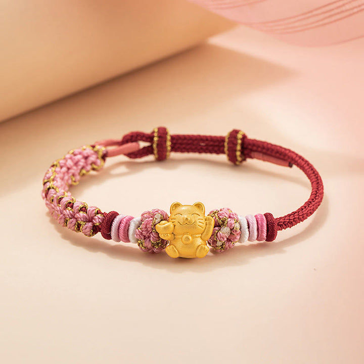 Bracelet en corde rouge porte-bonheur en argent sterling 999 fait à la main avec Buddha Stones et chat porte-bonheur en forme de lingot de fleur de pêcher - Corde rouge (tour de poignet 14-19 cm) - image 1