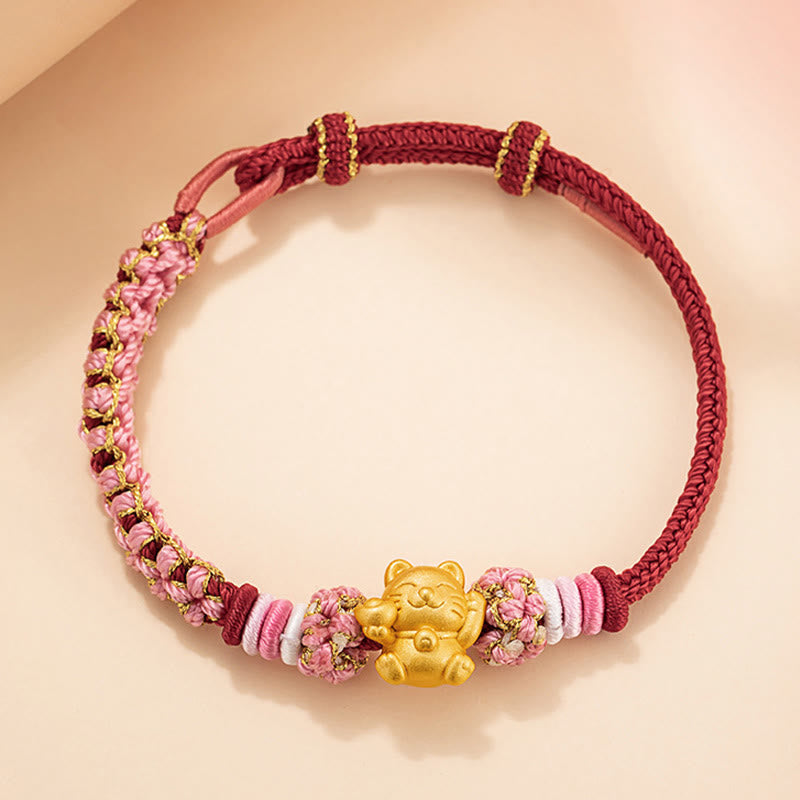 Bracelet en corde rouge porte-bonheur en argent sterling 999 fait à la main avec Buddha Stones et chat porte-bonheur en forme de lingot de fleur de pêcher - image 1