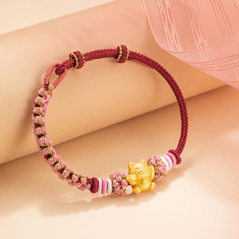 Bracelet en corde rouge porte-bonheur en argent sterling 999 fait à la main avec Buddha Stones et chat porte-bonheur en forme de lingot de fleur de pêcher - image 2