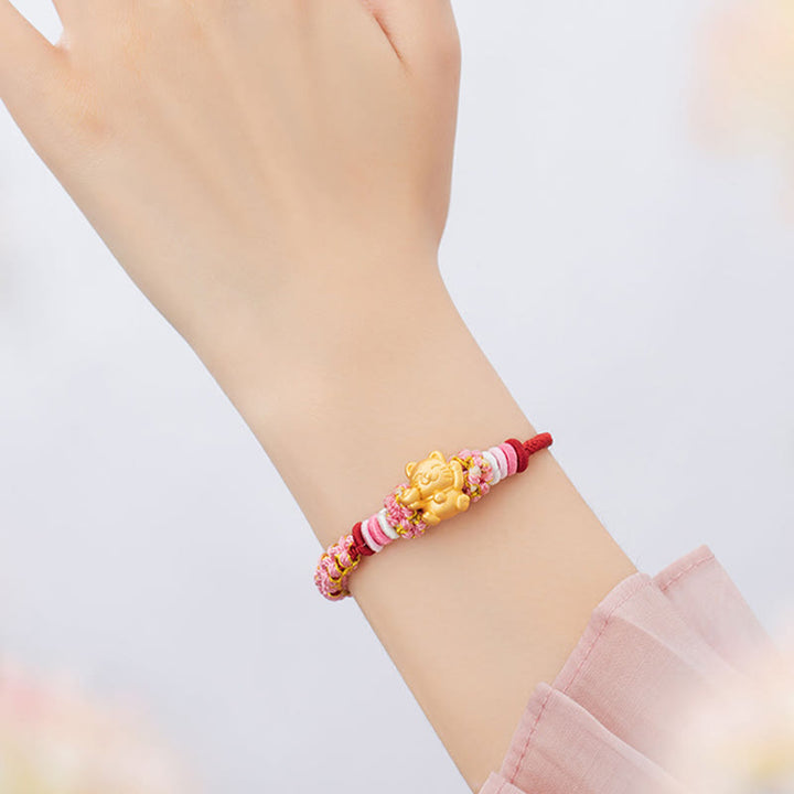 Bracelet en corde rouge porte-bonheur en argent sterling 999 fait à la main avec Buddha Stones et chat porte-bonheur en forme de lingot de fleur de pêcher - image 9