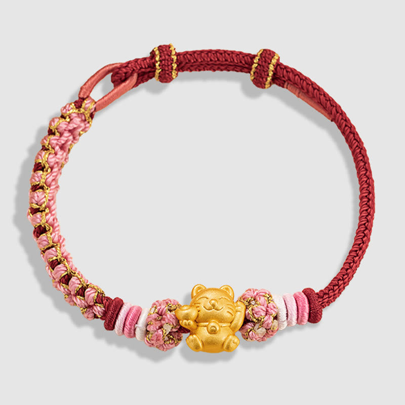 Bracelet en corde rouge porte-bonheur en argent sterling 999 fait à la main avec Buddha Stones et chat porte-bonheur en forme de lingot de fleur de pêcher - image 12