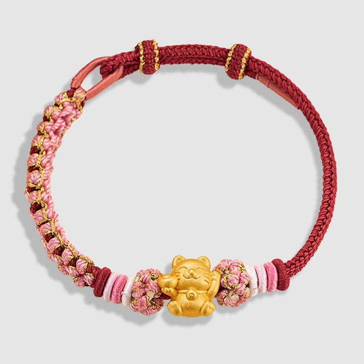 Bracelet en corde rouge porte-bonheur en argent sterling 999 fait à la main avec Buddha Stones et chat porte-bonheur en forme de lingot de fleur de pêcher - image 12