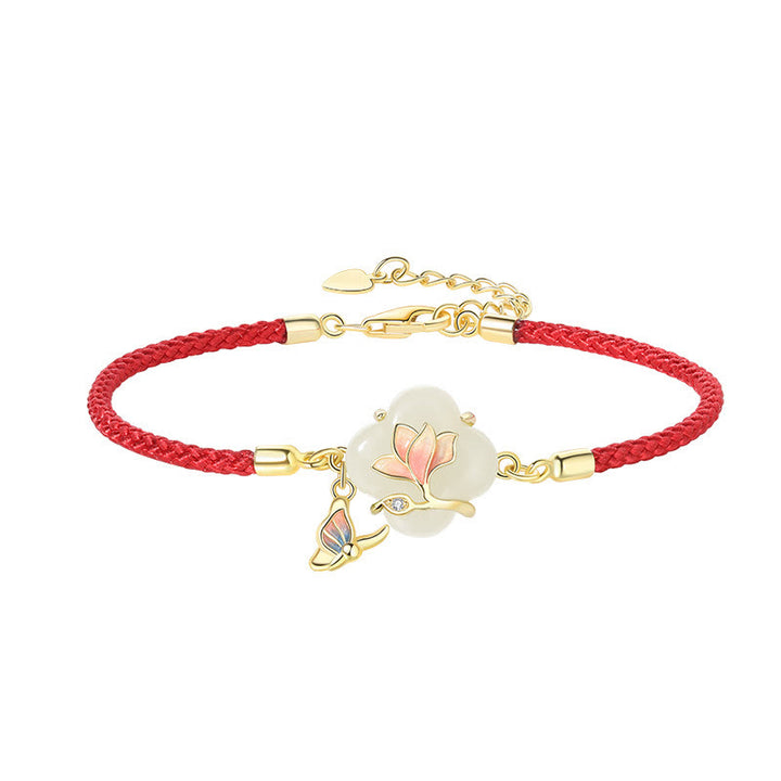 Bracelet porte-bonheur en argent sterling 925 Buddha Stones et jade Hetian, fleur de magnolia et papillon