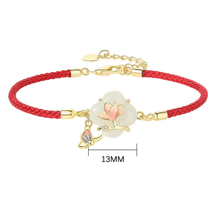 Bracelet porte-bonheur en argent sterling 925 Buddha Stones et jade Hetian, fleur de magnolia et papillon