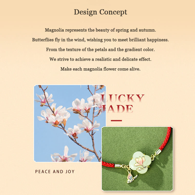 Bracelet porte-bonheur en argent sterling 925 Buddha Stones et jade Hetian, fleur de magnolia et papillon