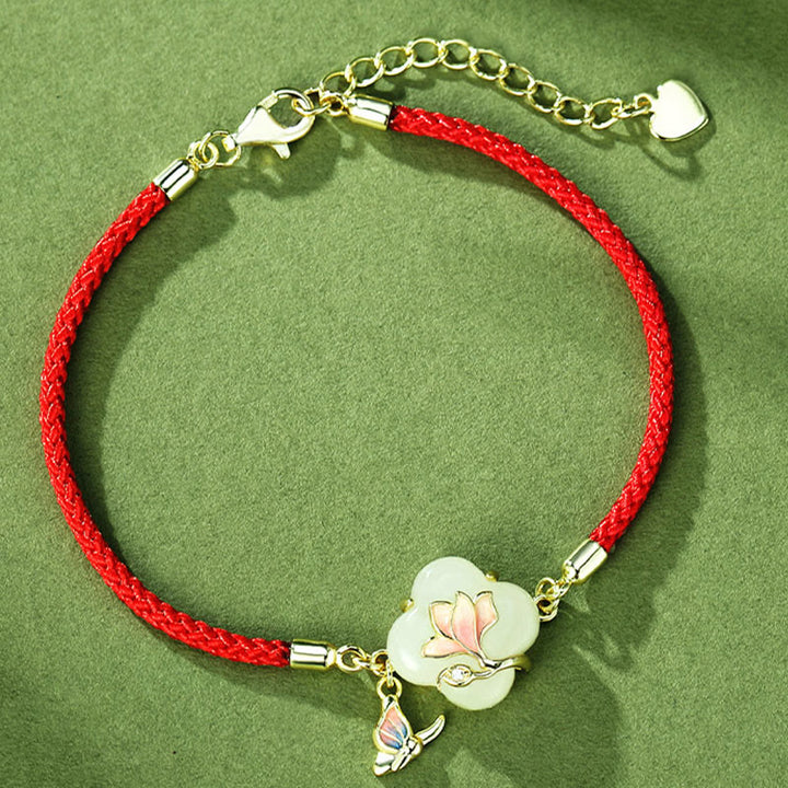 Bracelet porte-bonheur en argent sterling 925 Buddha Stones et jade Hetian, fleur de magnolia et papillon