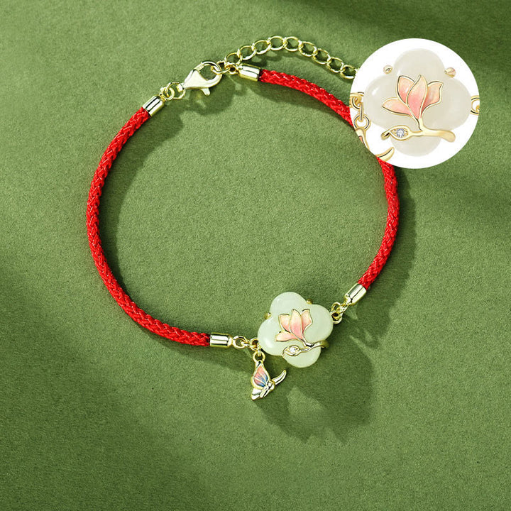 Bracelet porte-bonheur en argent sterling 925 Buddha Stones et jade Hetian, fleur de magnolia et papillon