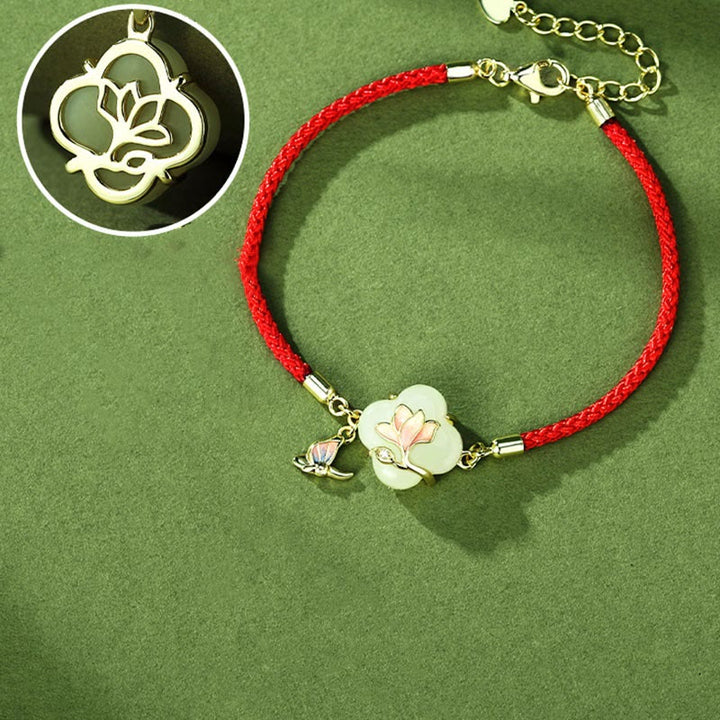 Bracelet porte-bonheur en argent sterling 925 Buddha Stones et jade Hetian, fleur de magnolia et papillon